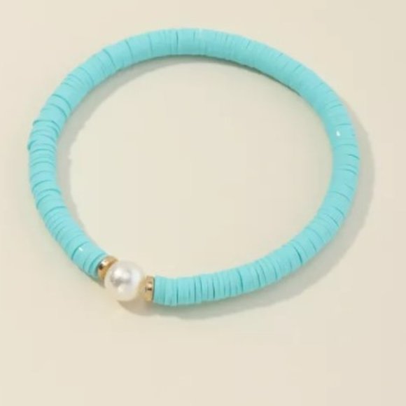 🔴Pearl and Alloy Stretch Bracelet-Aqua - Picture 1 of 5